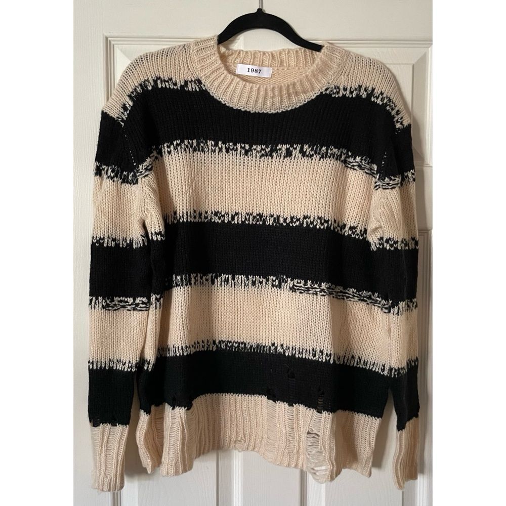 Fashion Chingu Beige and Black Distressed Striped Sweater